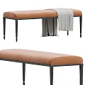 Comfortable Brown Padded Bench With Black Legs And Gray Throw Blanket 3d model