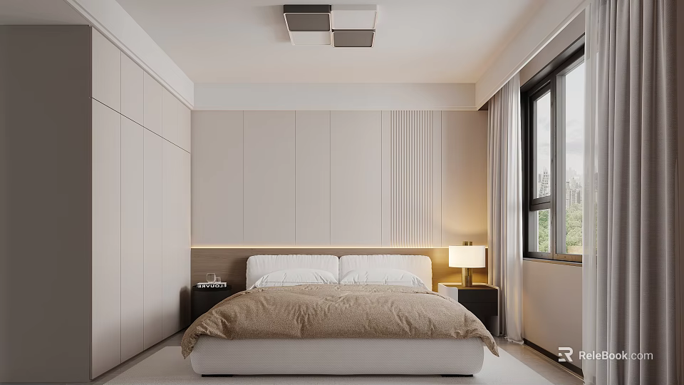 Modern Bedroom with Minimalist Design Double Bed Nightstands Table Lamp and Built in Wardrobe 3d model 