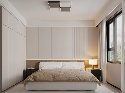 Modern Bedroom with Minimalist Design Double Bed Nightstands Table Lamp and Built in Wardrobe 3d model