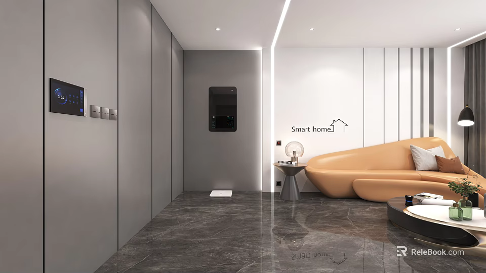Smart Home Showroom Modern Interior Design With Gray Walls Curved Sofa And Marble Floor 3d model 