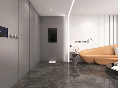Smart Home Showroom Modern Interior Design With Gray Walls Curved Sofa And Marble Floor 3d model
