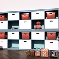 Kids Room Storage Cubby Shelf With Red White Bins Teddy Bear And Blocks