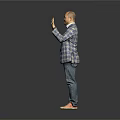 Man in plaid blazer white shirt blue jeans and sandals spreading hands on grey background