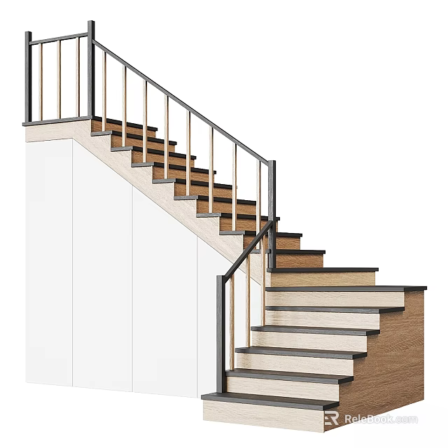 Modern Staircase With Wooden Steps Black Metal Railings And White Side Walls 3d model 