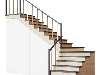 Modern Staircase With Wooden Steps Black Metal Railings And White Side Walls 3d model