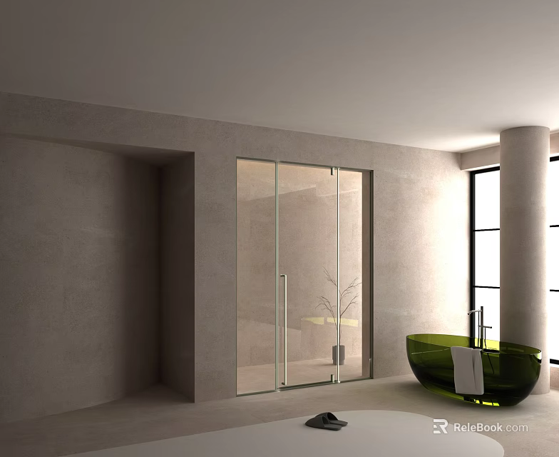 Modern Shower Sauna Interior With Glass Door Green Bathtub And Marble Walls 3d model 