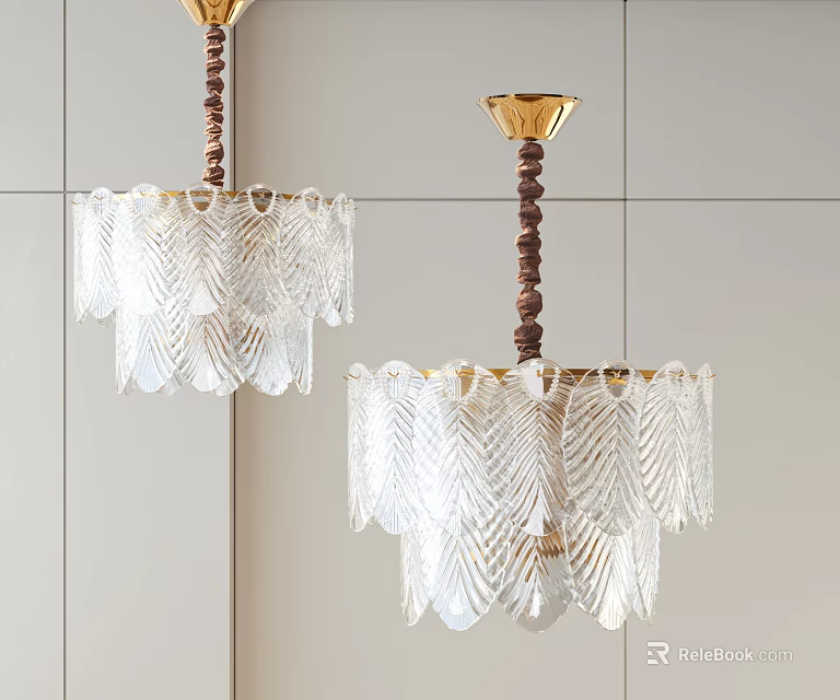 Elegant Transparent Glass Chandeliers With Feather Pattern Shades And Gold Brown Accents On Light Wall 3d model 