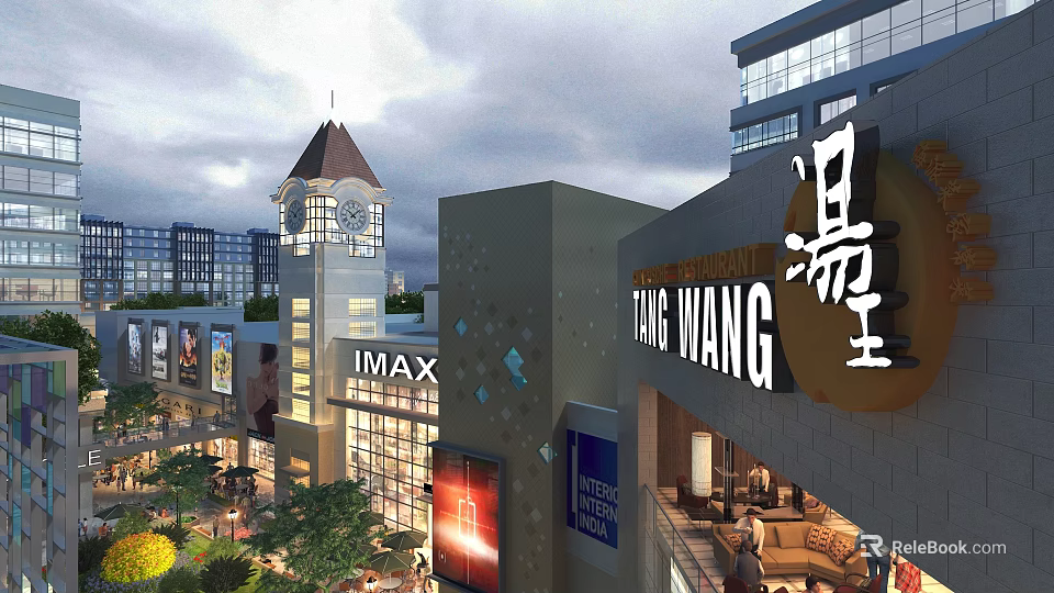 Bustling Commercial Street With Clock Tower IMAX Cinema Modern Buildings Shops And Outdoor Areas 3d model 