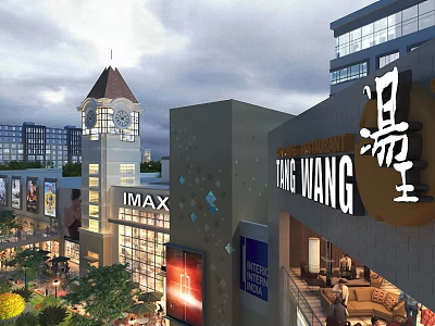 Bustling Commercial Street With Clock Tower IMAX Cinema Modern Buildings Shops And Outdoor Areas 3d model