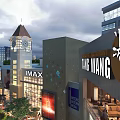 Bustling Commercial Street With Clock Tower IMAX Cinema Modern Buildings Shops And Outdoor Areas
