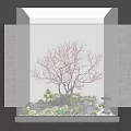 Indoor Garden Decor With Pink Flowering Tree Green Plants Figurines And Stone Lantern Under Skylight