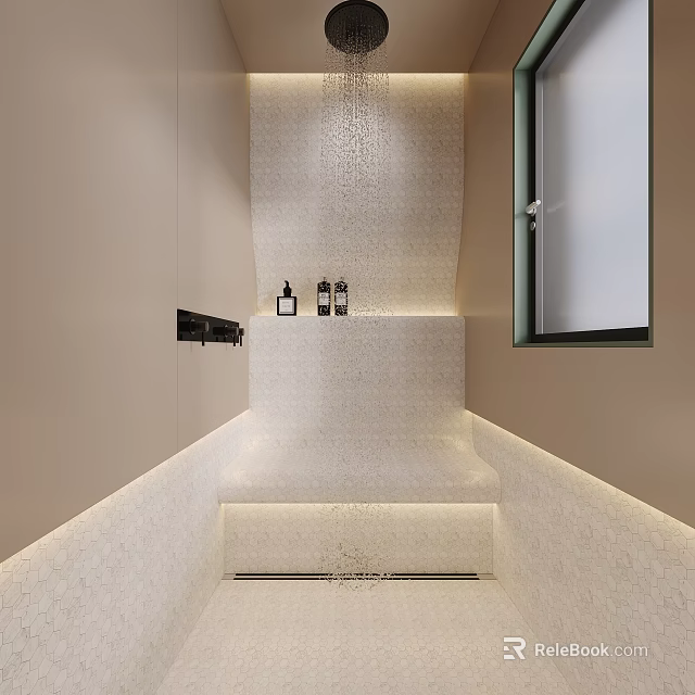 Modern Bathroom With White Mosaic Step Design Toiletries Shelf And Window 3d model 