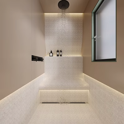 Modern Bathroom With White Mosaic Step Design Toiletries Shelf And Window 3d model