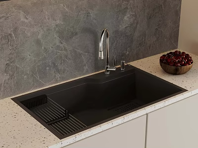 Modern Black Kitchen Sink With Drainer Silver Faucet Marble Backsplash And Fruit Bowl On Countertop 3d model