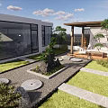 Modern Garden Landscape With Wooden Terrace Green Plants And Stone Furniture