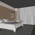 Modern Hotel Room Featuring King Bed White Bedding Wooden Walls And Floor To Ceiling Curtains
