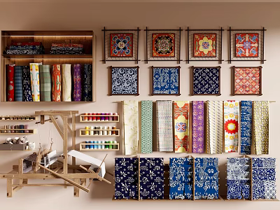 Artisanal Textile Studio With Patterned Fabrics Decorative Wall Panels And Weaving Loom 3d model