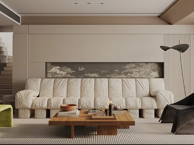 Modern Living Room Interior With Beige Sofa Wooden Coffee Table Green Armchair And Floor Lamp 3d model