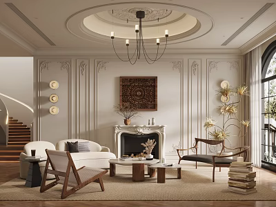 Elegant Living Room Interior Design With Round Ceiling Chandelier Wall Panels And Fireplace 3d model