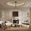 Elegant Living Room Interior Design With Round Ceiling Chandelier Wall Panels And Fireplace