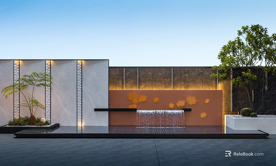 Modern Outdoor Landscape With Orange Wall Golden Leaf Decor And Waterfall Feature 3d model 