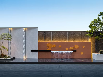 Modern Outdoor Landscape With Orange Wall Golden Leaf Decor And Waterfall Feature 3d model