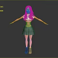 3D Character With Red Hair White Crop Top Blue Pleated Skirt Gray Boots Arms Outstretched