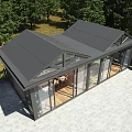 Glass Restaurant Structure With Sloped Roof Large Glass Windows Outdoor Dining Tables Surrounded by Trees