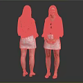 Woman in Red Floral Blouse and White Skirt Back and Front Views with Brown Shoes