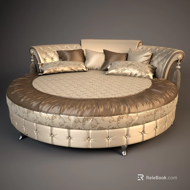 Luxurious Round Bed Interior Design With Tufted Cream Fabric Decorative Pillows And Ornate Legs 3d model 