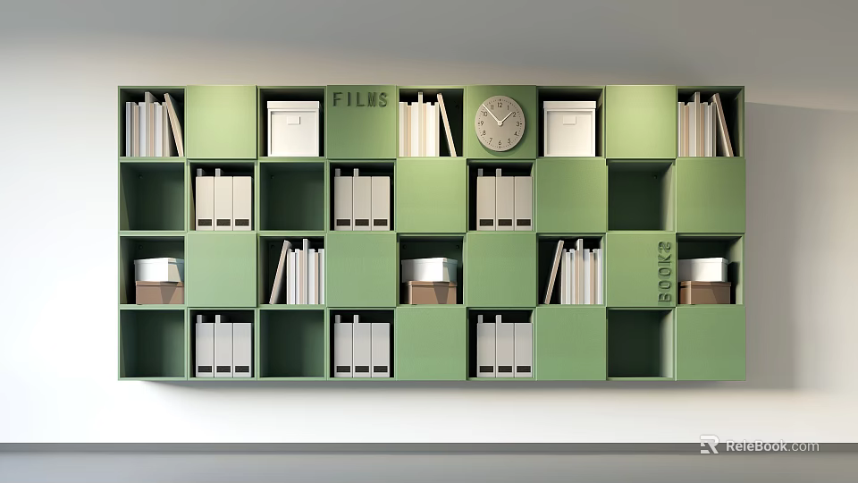 Green Bookcase With Multiple Storage Compartments Books File Boxes And Clock 3d model