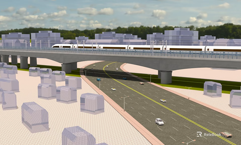 Urban Road Infrastructure Featuring Elevated Viaduct Train Tracks Vehicles And Street Lamps 3d model 