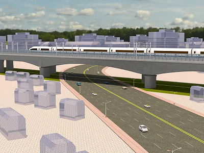 Urban Road Infrastructure Featuring Elevated Viaduct Train Tracks Vehicles And Street Lamps 3d model