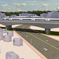 Urban Road Infrastructure Featuring Elevated Viaduct Train Tracks Vehicles And Street Lamps