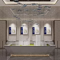 Modern Sales Office Interior Design With Chandelier Central Display Table And Marble Flooring