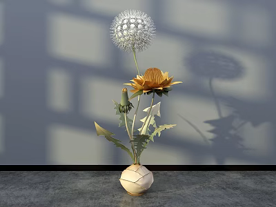 Modern Floral Art Installation With Dandelion Sunflower In Egg Shaped Vase On Gray Background 3d model
