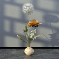 Modern Floral Art Installation With Dandelion Sunflower In Egg Shaped Vase On Gray Background