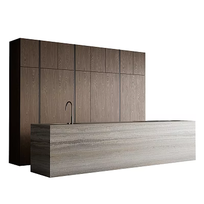 Modern Dark Wood Kitchen Cabinets With Sleek Countertop And Integrated Sink Design 3d model