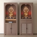 Traditional Wooden Double Buddhist Shrine Cabinet with Golden Buddha Statues Halo Candles and Offerings
