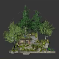 Miniature Architectural House in Lush Green Landscape with Trees Grass and Pond