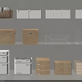Organizational Storage Containers With Woven Baskets Wooden Boxes And Metal Racks On Shelves
