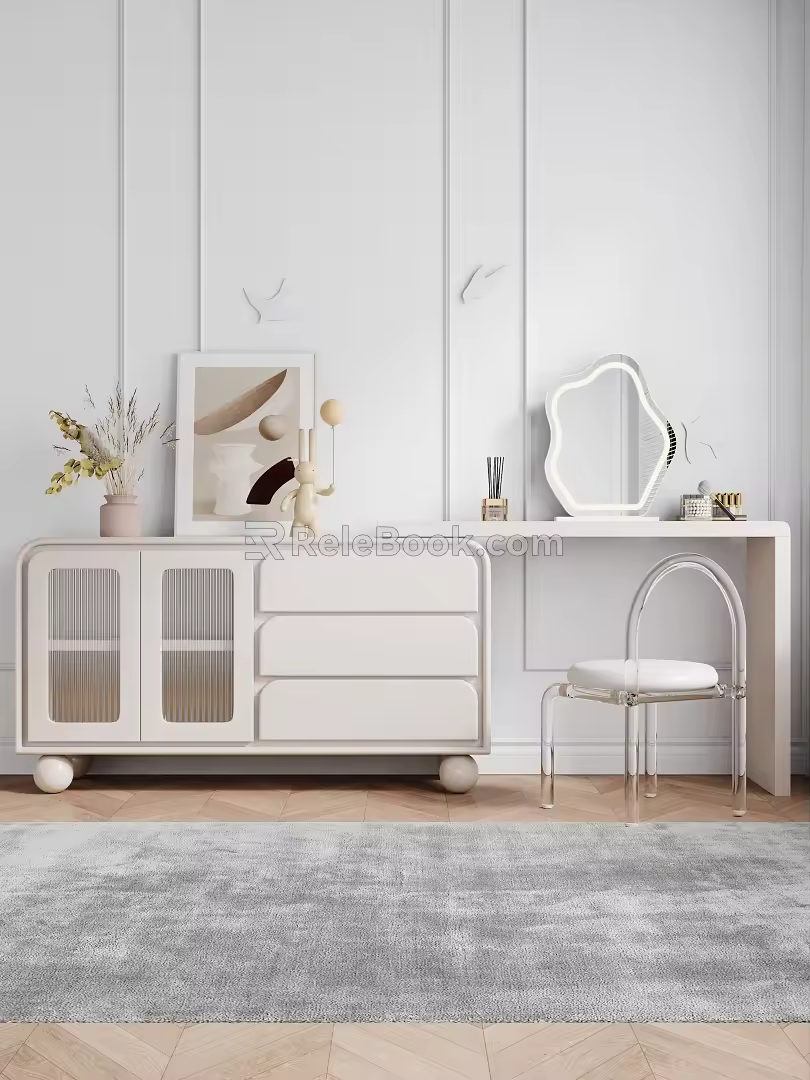 Cream Style Dressing Table Makeup Stool Combination Dressing Table Side Cabinet Storage Cabinet 3d model