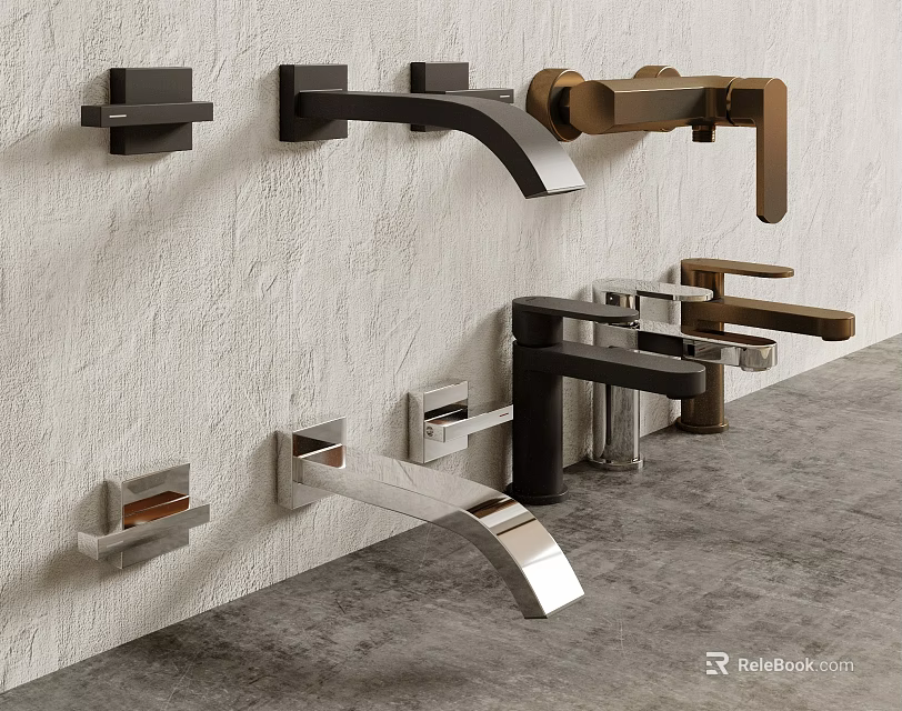 Modern Wall Mounted Water Faucets In Black Gold And Silver Finishes 3d model 