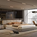 Modern Bedroom Interior With Large Bed Beige Headboard Brown Pillows Floor Lamp And Orange Armchair
