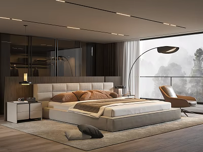 Modern Bedroom Interior With Large Bed Beige Headboard Brown Pillows Floor Lamp And Orange Armchair 3d model