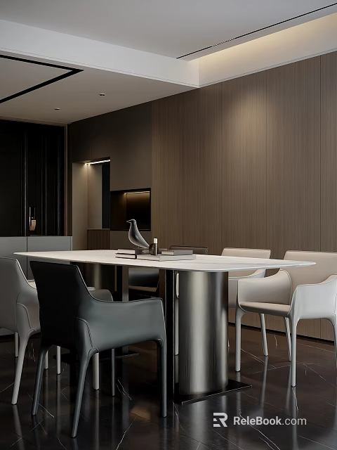 Modern Dining Room Interior With White Dining Table Gray And White Chairs And Wooden Walls 3d model 