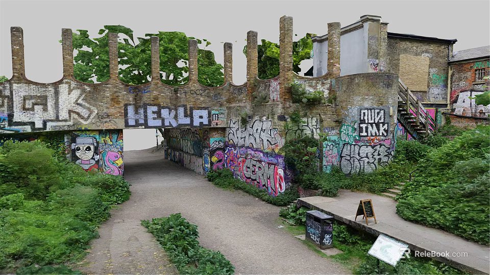 Abandoned Building Archway With Vibrant Graffiti Green Plants Steps Trash Bin And Signboard 3d model 