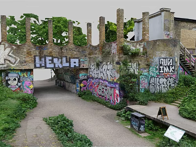 Abandoned Building Archway With Vibrant Graffiti Green Plants Steps Trash Bin And Signboard 3d model