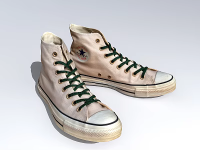 Cream Colored High Top Canvas Shoes With Green Laces And Star Logo 3d model