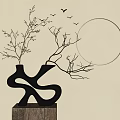 Unique Black Vase With Branches On Wooden Base And Golden Circular Decor Bird Silhouettes